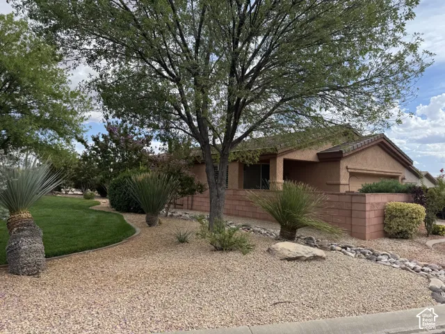 Stucco exterior featuring a covered entryway, integrated masonry wall, gravel landscaping with mature trees, and a manicured lawn