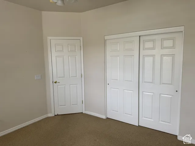 Interior room featuring wall-to-wall carpeting, a six-panel swing door, and double sliding closet doors with six-panel detailing