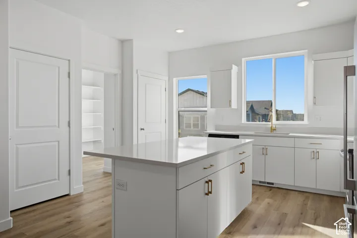 Kitchen featuring a center island with solid-surface countertops, white shaker-style cabinetry, gold-tone hardware, wood-finish flooring, and a walk-in pantry with built-in shelving