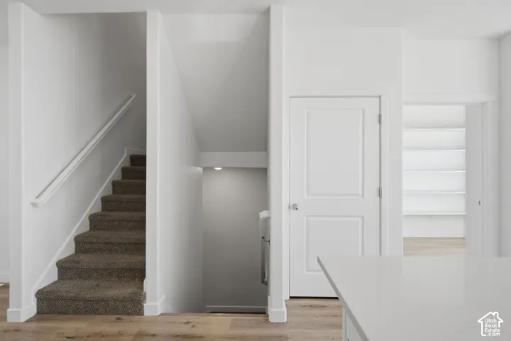 Staircase featuring carpeted treads, wall-mounted handrail, paneled interior door, and built-in wall shelving