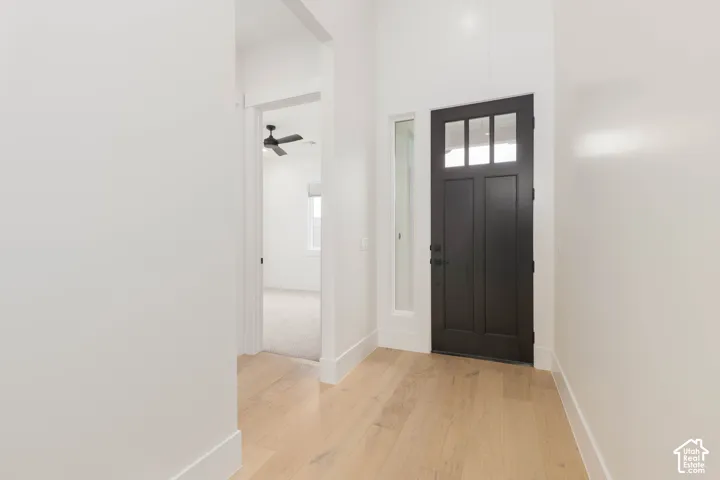 Entryway featuring high ceilings, light wood-finish flooring, a solid core door with glass panels, and an integrated vertical side window