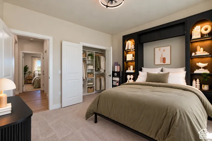 Built-in black cabinetry with arched display shelving, integrated accent lighting, carpeted flooring, and a customized closet system with multi-tier shelving