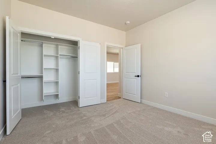 Carpeted flooring, white trim, solid core doors, built-in closet shelving, and clothes hanging rods