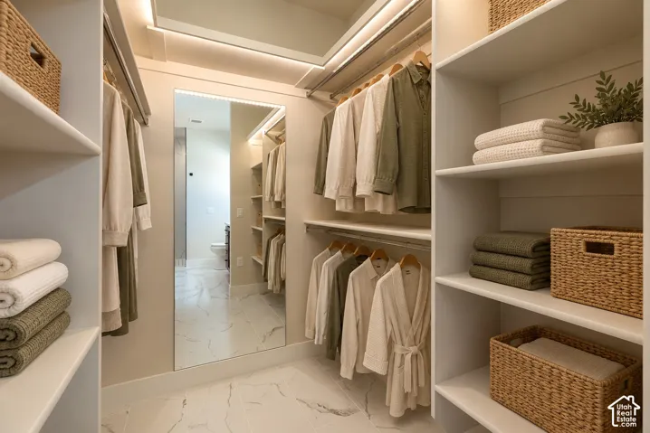 Custom walk-in closet featuring extensive built-in shelving, multi-level hanging rods, integrated LED accent lighting, a full-length wall mirror, and stone-finish tile flooring