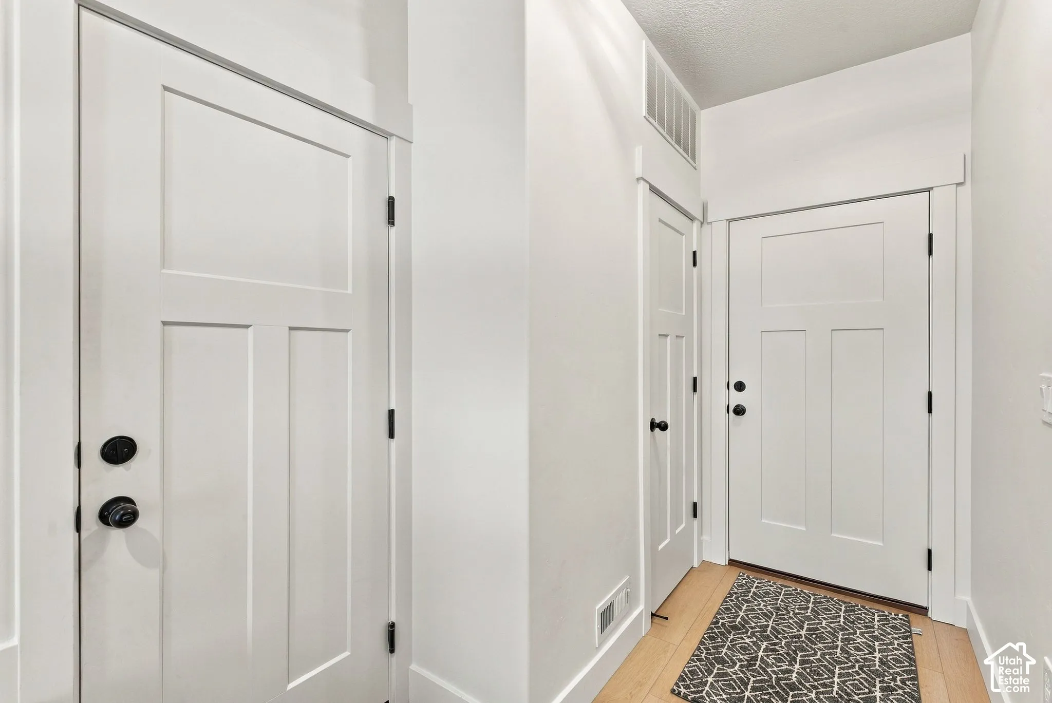 Interior space featuring white-painted three-panel doors with matte black hardware, light-toned wood-finish flooring, and crisp white wall trim