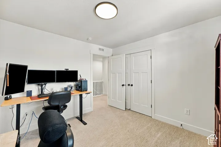 Neutral-toned carpeted flooring, two-panel interior doors with casing trim, and a flush-mount ceiling light fixture