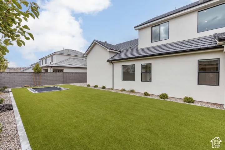 Backyard featuring synthetic turf, concrete block perimeter wall, and stone gravel landscape borders