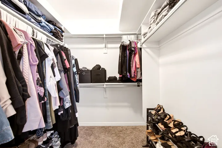 Walk-in closet featuring tiered shelving, built-in hanging rods, and neutral carpeting