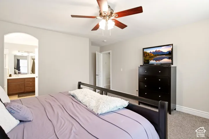 Arched doorway, ceiling fan with light fixture, and neutral wall tones