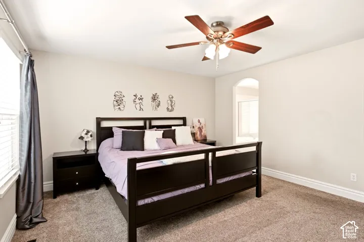 Neutral-toned interior room with high-pile carpeting, wood-finish ceiling fan with integrated lighting, and a distinct arched doorway