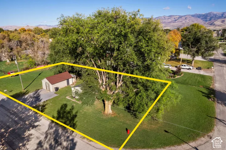 Corner lot featuring an expansive lawn, mature shade tree, detached storage structure with a metal roof, and mountain backdrop