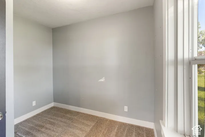 Neutral interior space featuring neutral wall paint, carpeting, and a double-hung window