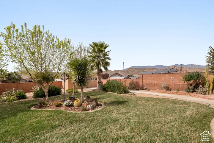 Backyard featuring a grass lawn, xeriscaped planting beds, mature palm trees, concrete hardscaping, and a masonry perimeter wall set against a mountain backdrop