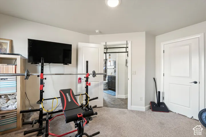 Neutral wall tones, wall-to-wall carpeting, and two-panel interior doors with matte black hardware