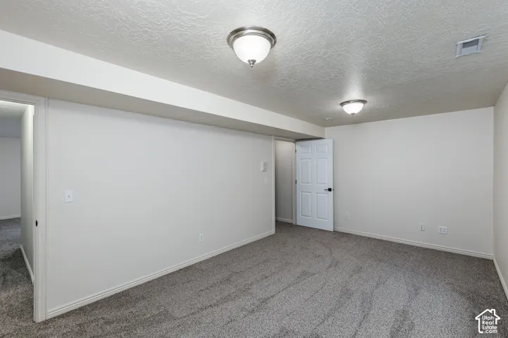 Neutral-toned interior room featuring wall-to-wall carpeting, two semi-flush mount dome ceiling lights, and six-panel interior doors