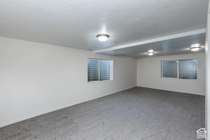 Neutral-toned interior space featuring wall-to-wall carpeting, three flush-mount ceiling light fixtures, and two window wells