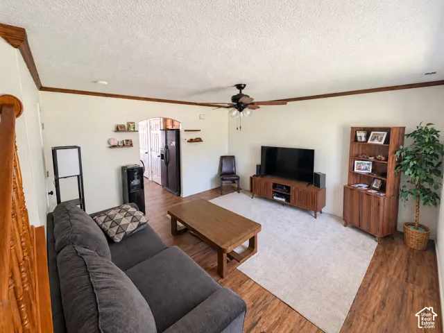 Living area featuring wood-finish flooring, a ceiling fan with integrated lighting, and an arched doorway