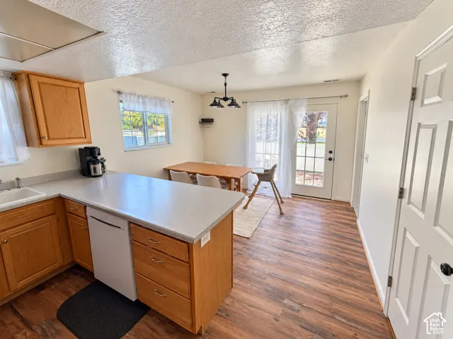 Kitchen featuring wood-finish cabinetry, solid surface countertops, a white dishwasher, wood-finish flooring, and a glass-paneled exterior door