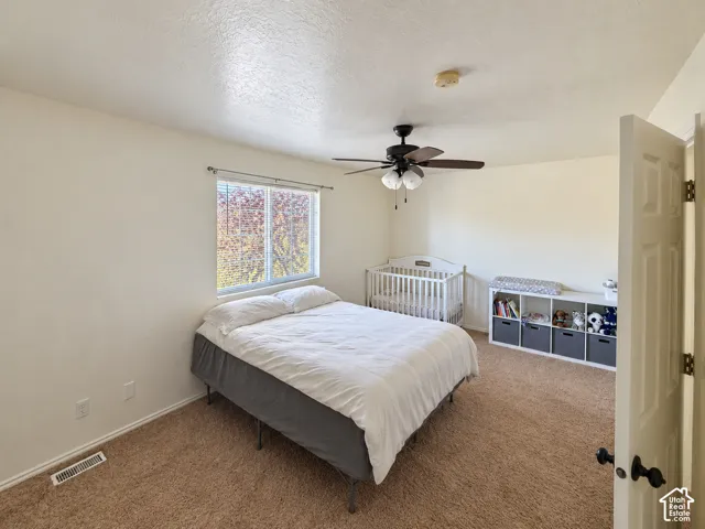 Neutral-toned walls, carpeted flooring, sliding window with exterior greenery, and a multi-blade ceiling fan with integrated light fixture