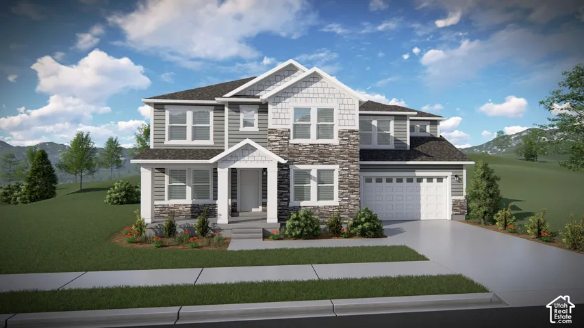Two-story exterior featuring stone veneer accents, lap siding, a shingled roof, a covered entryway, and an attached two-car garage
