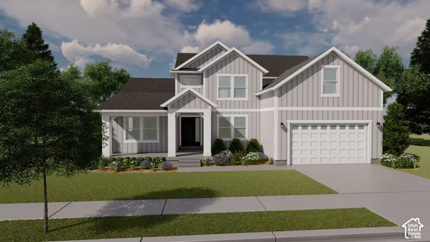 Two-story exterior featuring board-and-batten siding, a covered entryway with a peaked roofline, a shingled roof, multi-pane windows, and an attached two-car garage