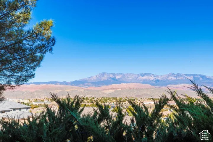 Prominent mountain range backdrop with desert terrain and mature coniferous vegetation