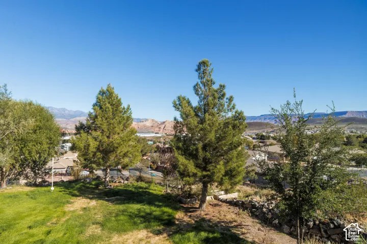Expansive outdoor space featuring a grass lawn, mature pine trees, natural stone retaining wall, and mountain backdrop
