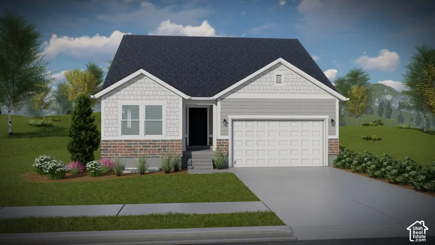 Single-story residence featuring a combination of horizontal siding, shake-style siding, and brick veneer accents, complemented by an attached two-car garage and a paved concrete driveway