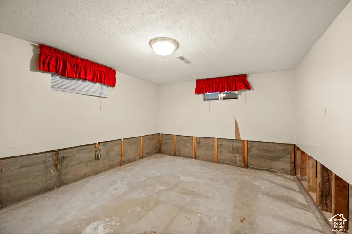 Interior space featuring exposed concrete foundation walls, wooden wall framing, two recessed windows with blinds, and a flush-mount ceiling light fixture