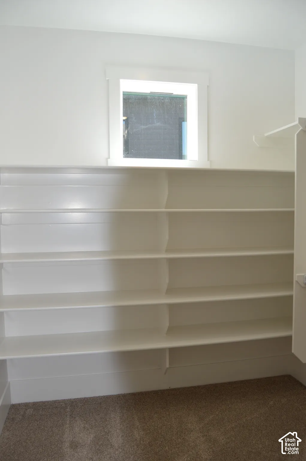 Storage area featuring tiered white built-in shelving, carpeted flooring, and a square window with minimalist casing