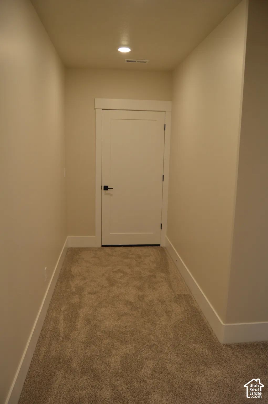 Neutral-toned wall-to-wall carpeting, solid-core interior door with flat-panel design, and matte black lever hardware
