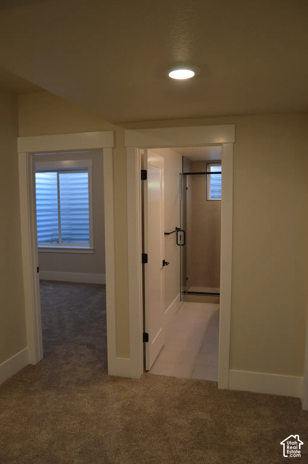 Solid-core doors with matte black hardware, recessed ceiling lighting, wall-to-wall carpeting, and a tiled shower enclosure
