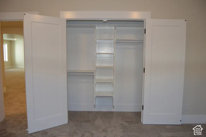 Reach-in closet featuring white shaker-style doors, integrated vertical shelving, and double hanging rods