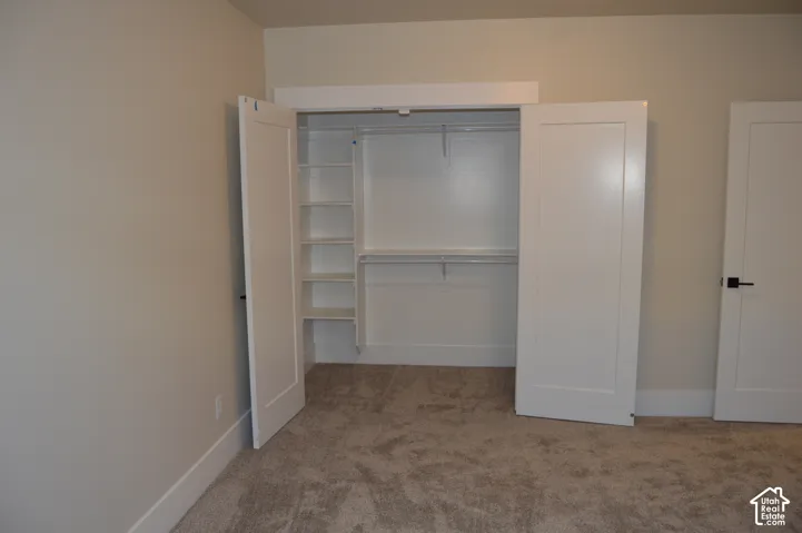 Closet featuring white shaker-style doors, built-in shelving, and hanging rods, paired with neutral carpeting
