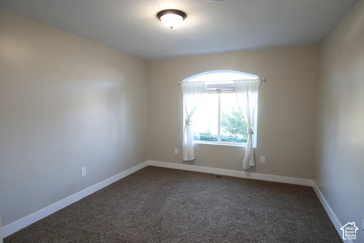 Neutral-toned interior featuring wall-to-wall carpeting, a centered window with an arched transom, and a flush-mount overhead light fixture