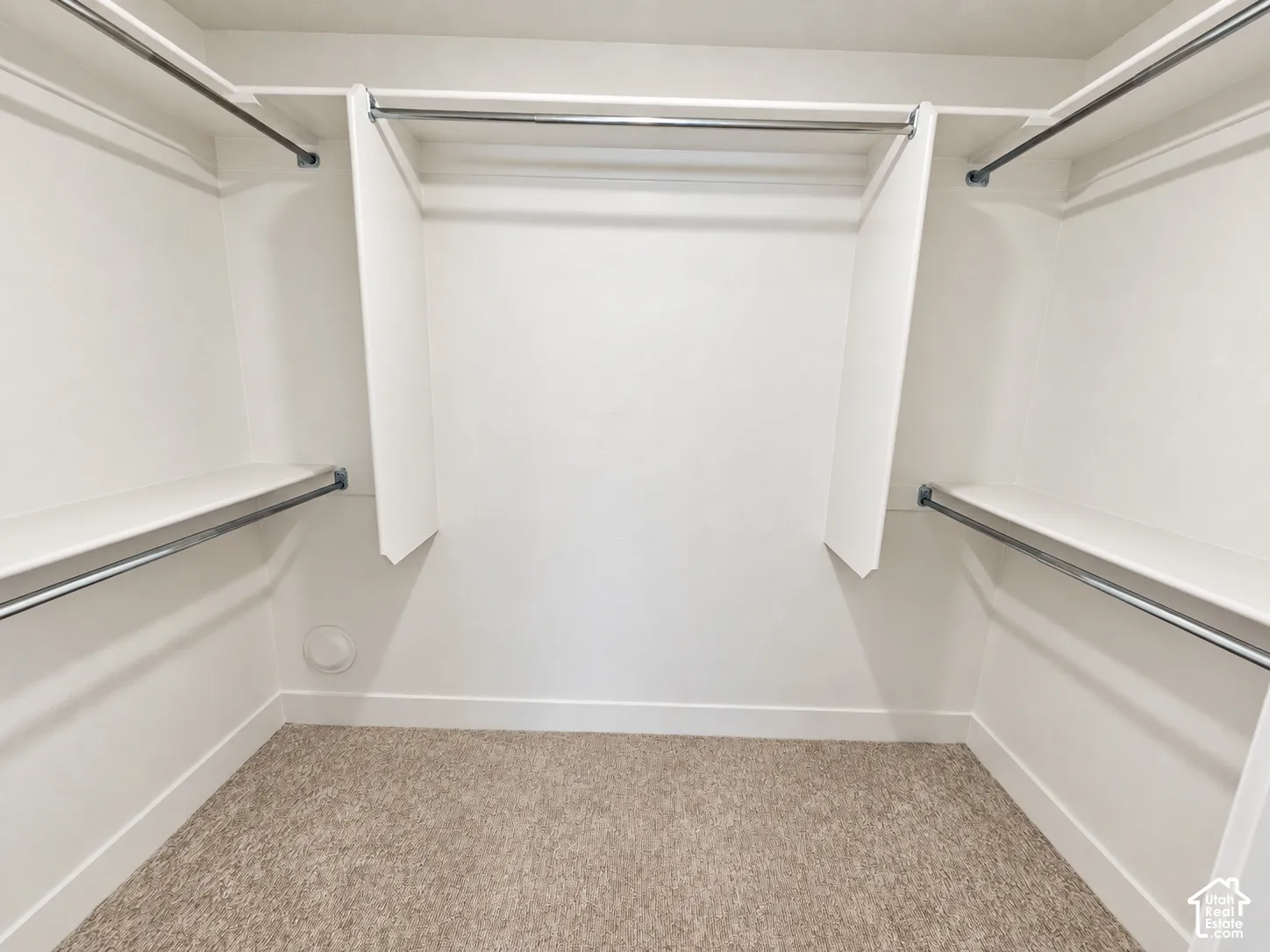 Walk-in closet featuring tiered shelving, built-in vertical dividers, metal clothing rods, and wall-to-wall carpeting