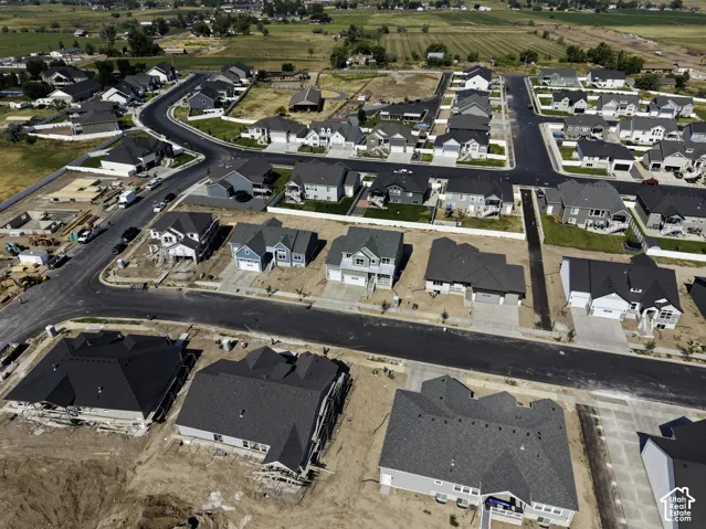 Aerial view of a residential neighborhood featuring asphalt-paved streets, single-family dwellings with gabled roofs, concrete driveways, and expansive open fields