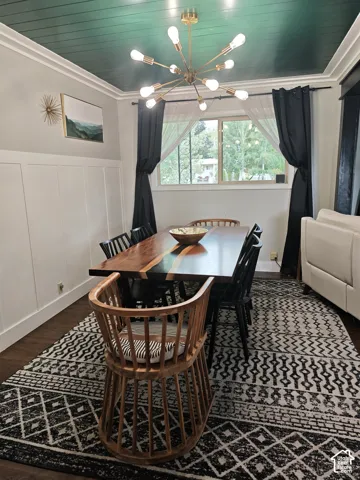 Dining area featuring a deep green planked ceiling, white wainscoting, and a multi-arm metallic sputnik-style chandelier over wood-finish flooring