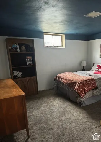 Interior space featuring textured carpeting, neutral wall paint, a painted ceiling, and a single-pane slider window
