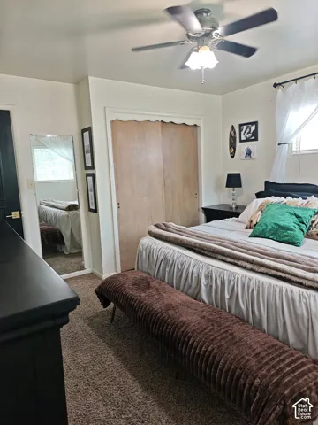 Neutral-tone carpeting, ceiling fan with integrated light fixture, dual sliding closet doors with scalloped trim, and a floor-to-ceiling wall mirror
