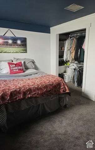 Neutral carpeting, painted ceiling, and built-in closet with integrated shelving and hanging rods