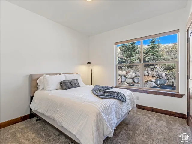 Neutral-toned carpeting, wood-finish window trim, and large double-pane window featuring a rock-scaped backdrop with evergreen trees