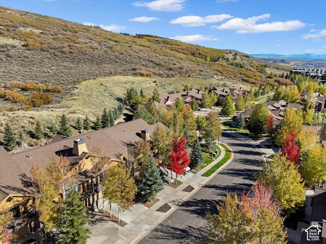 Multi-family residential community featuring shingle-style roofs, wood and stone exterior cladding, paved roadways, and mature deciduous and coniferous trees set against a mountainous landscape