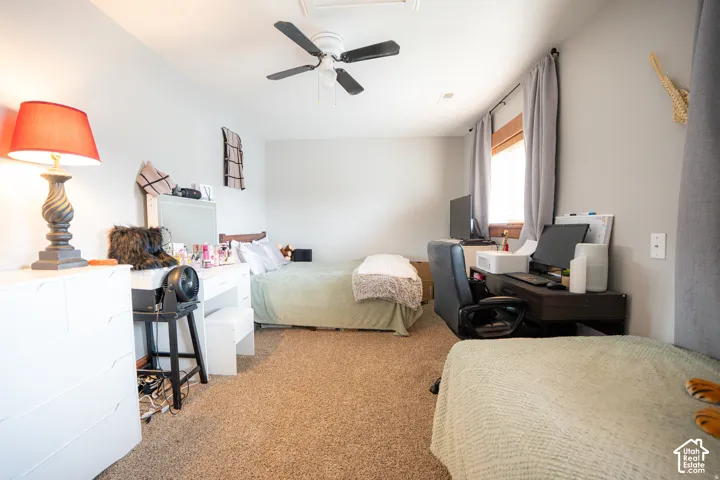 Neutral interior featuring textured carpeting, a multi-blade ceiling fan, and a wide window with wood-trim casing