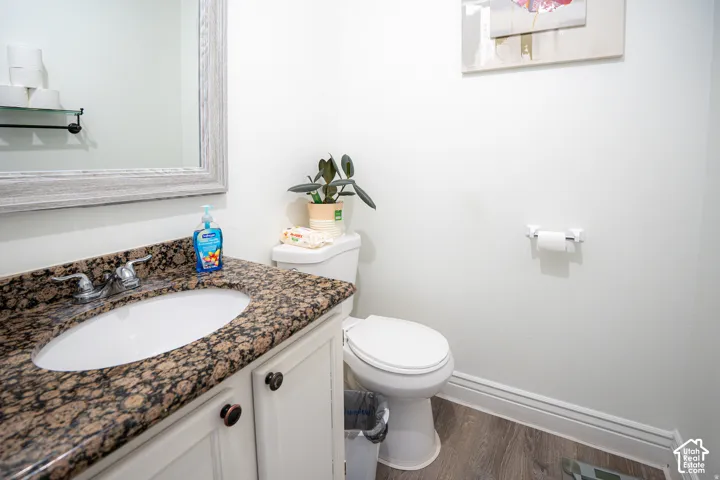 Vanity featuring a stone-look countertop, integrated oval sink, and white cabinetry with dark hardware, paired with wood-finish flooring