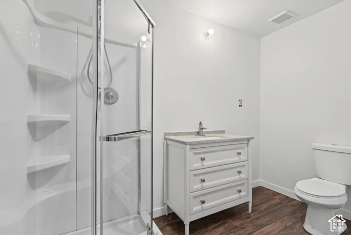 Bathroom featuring a glass-enclosed shower with built-in shelving, white vanity with stone-finish countertop, undermount sink, and wood-finish flooring