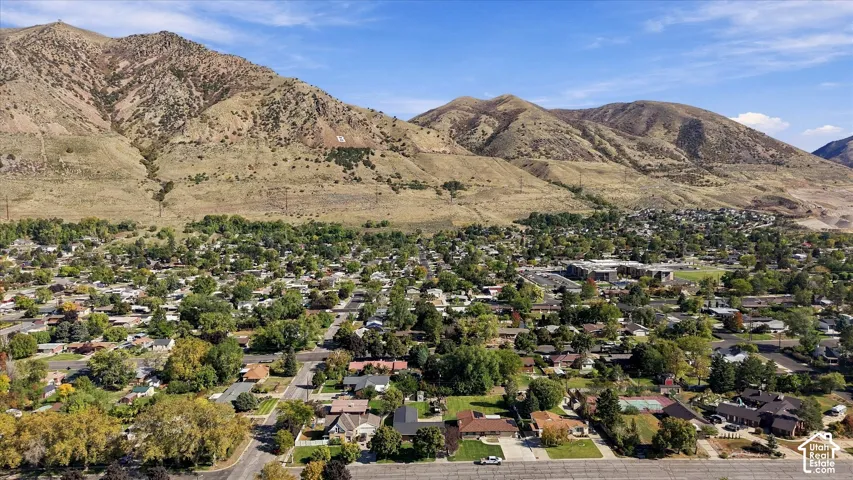 Aerial perspective of a residential neighborhood featuring established tree cover and direct proximity to a prominent mountain range