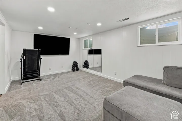 Finished space featuring neutral wall-to-wall carpeting, recessed ceiling lighting, wall-mounted mirrored panels, and two horizontal sliding windows
