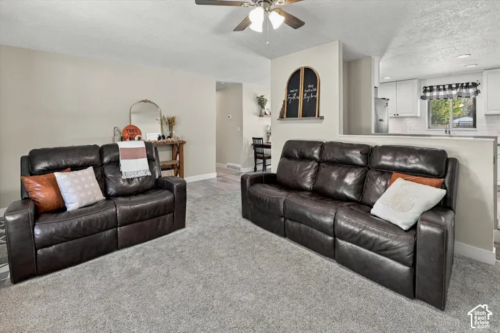 Neutral wall tones, ceiling fan with light fixture, carpeted flooring, and pass-through wall partition