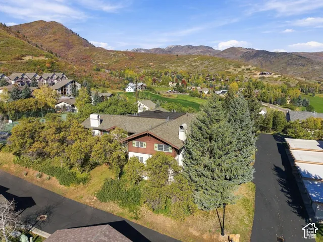 Alpine-style exterior featuring a gabled roof, dual chimneys, decorative timber siding, and mature coniferous landscaping set against a mountainous backdrop